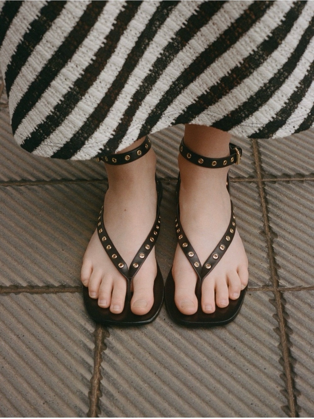 Mango Black Leather Studded Toe-Ring Sandals